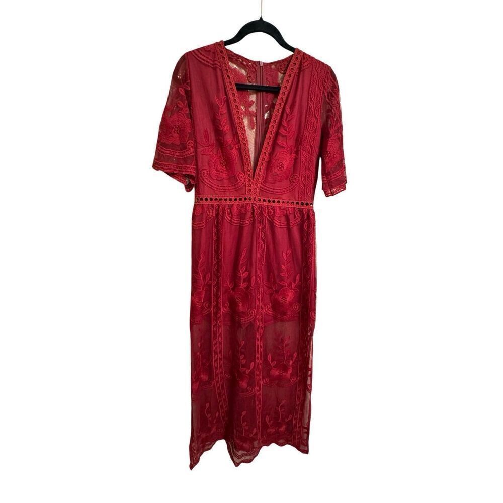 Maroon Dark Red Romper Boho V Neck Lace Maxi Dress Medium